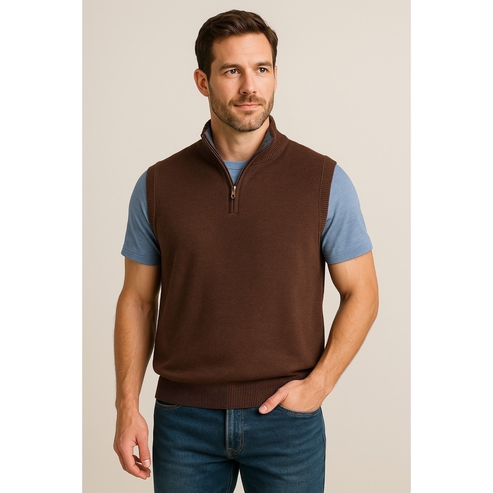 Academia preppy Men's XL Brown quiet-luxury 1/4 Zip Sweater Vest Classic grandpa